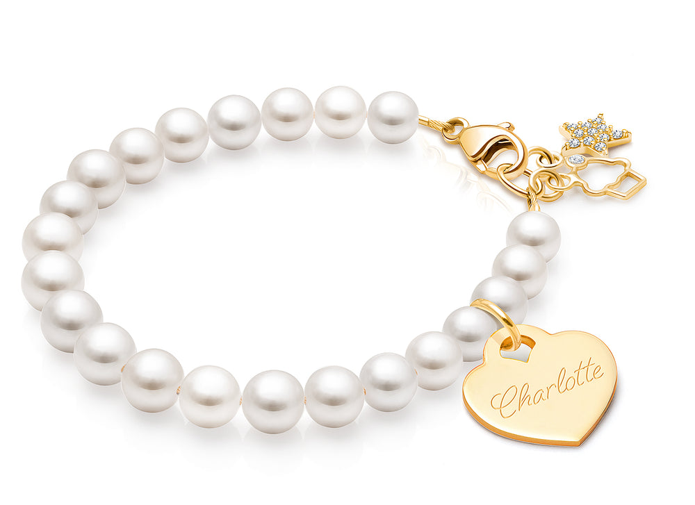 5mm Cultured Pearls, Baby/Children’s Beaded Bracelet for Girls (INCLUDES Engraved Charm) – 14K Gold