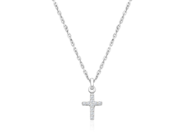 Miraculous Cross, Modern Pavé CZ Children’s Necklace for Boys – 14K White Gold