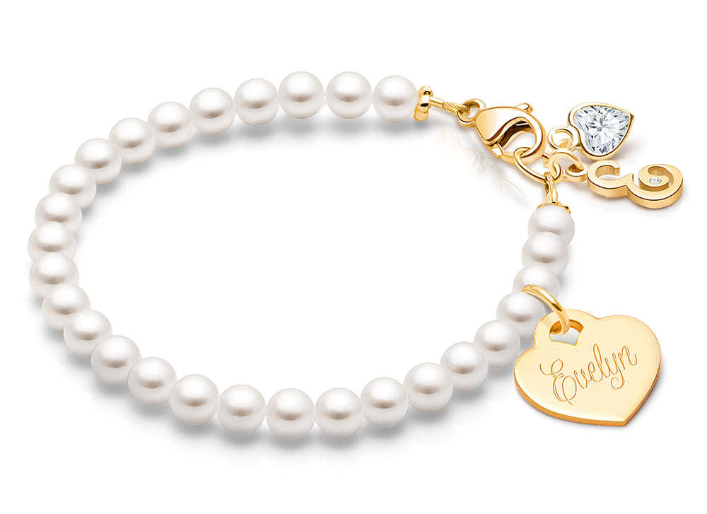 4mm Cultured Pearls, Baby/Children’s Beaded Bracelet for Girls (INCLUDES Engraved Charm) – 14K Gold