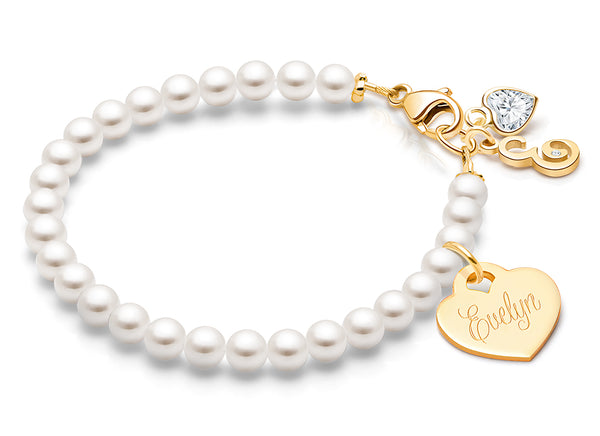 4mm Cultured Pearls, Baby/Children’s Beaded Bracelet for Girls (INCLUDES Engraved Charm) – 14K Gold