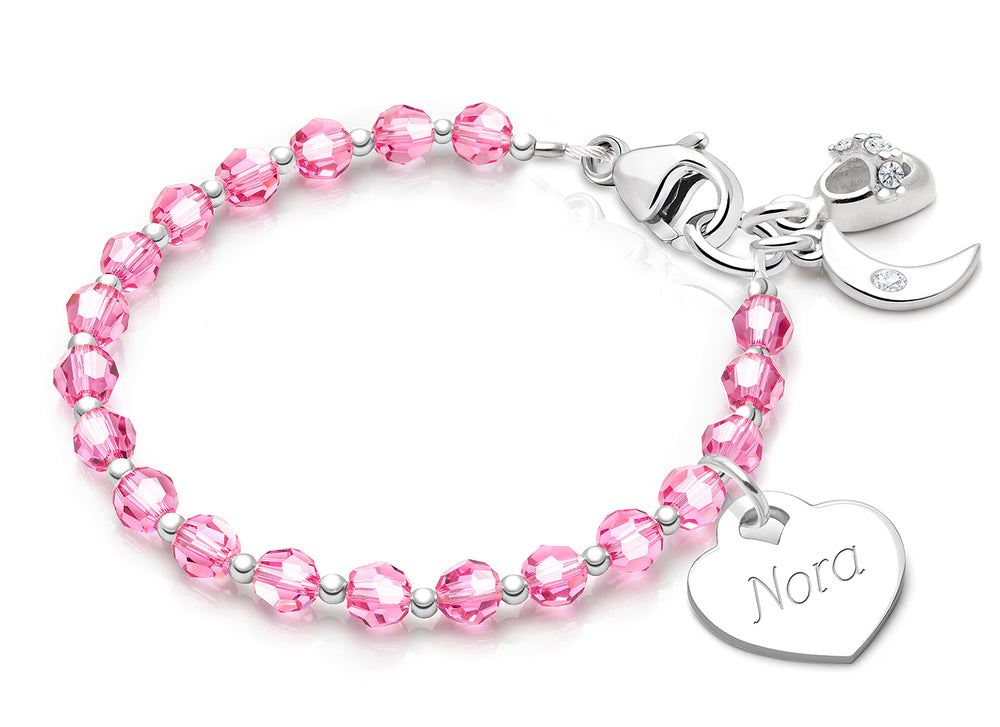 Birthstone Crystal, Baby/Children’s Beaded Bracelet for Girls (INCLUDES Engraved Charm, All 12 Birthstones Avail) – Sterling Silver