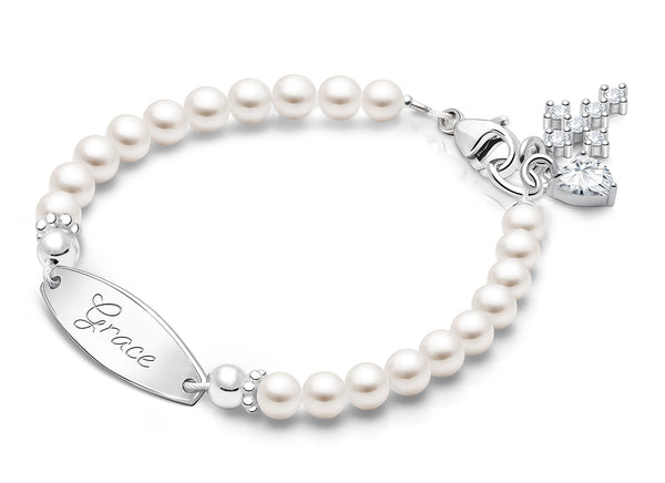 4mm Cultured Pearls, Christening/Baptism Baby/Children’s Engraved Bracelet for Girls – Sterling Silver