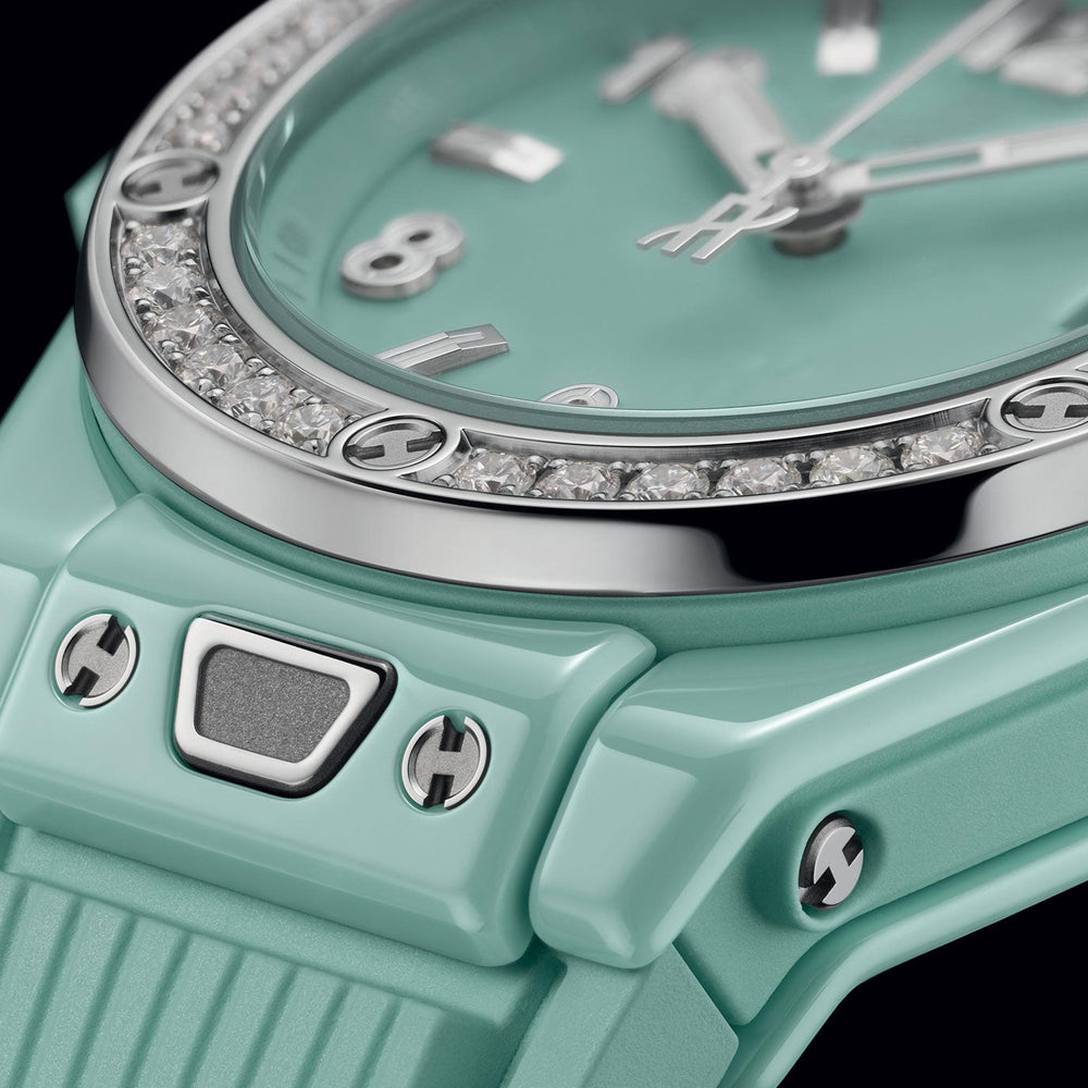 Unworn Big Bang One Click Mint Green Ceramic Diamonds 33, 485.GS.5271.RX.1204, box and papers