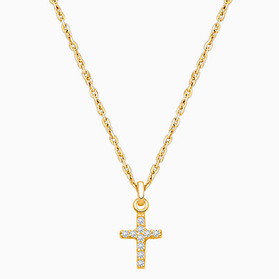 Miraculous Cross, Modern Pavé CZ Communion Children’s Necklace for Girls – 14K Gold