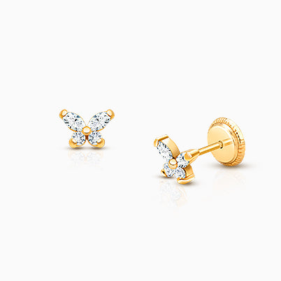 Baby Butterfly, Clear CZ First Holy Communion Children’s Earrings, Screw Back – 14K Gold