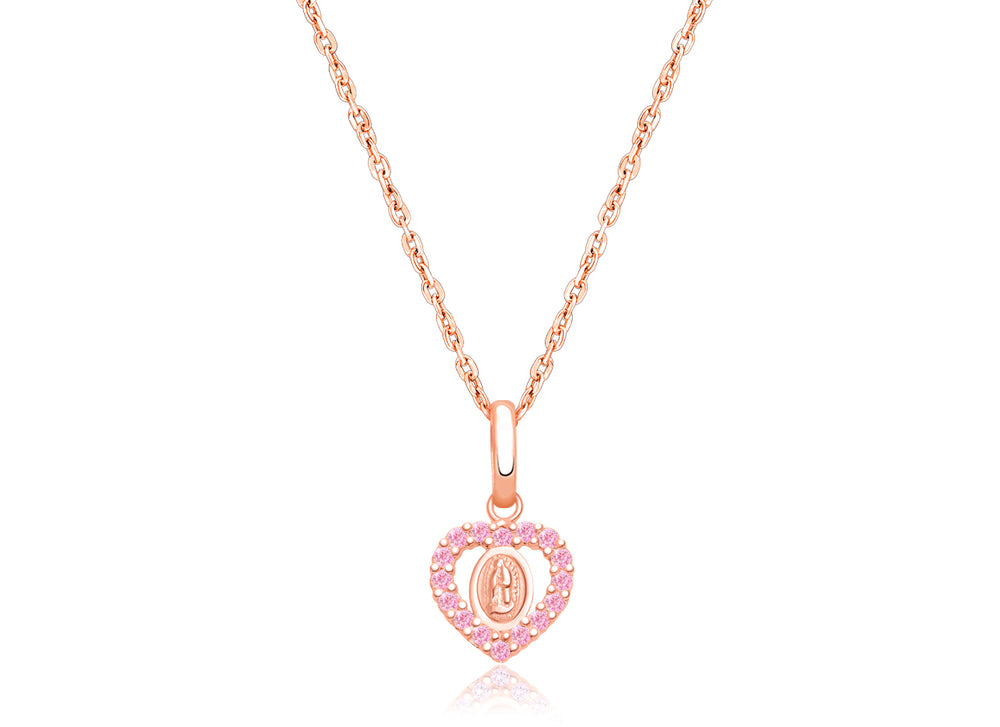 Virgin Mary, Pink CZ Heart Children’s Necklace for Girls – 14K Rose Gold