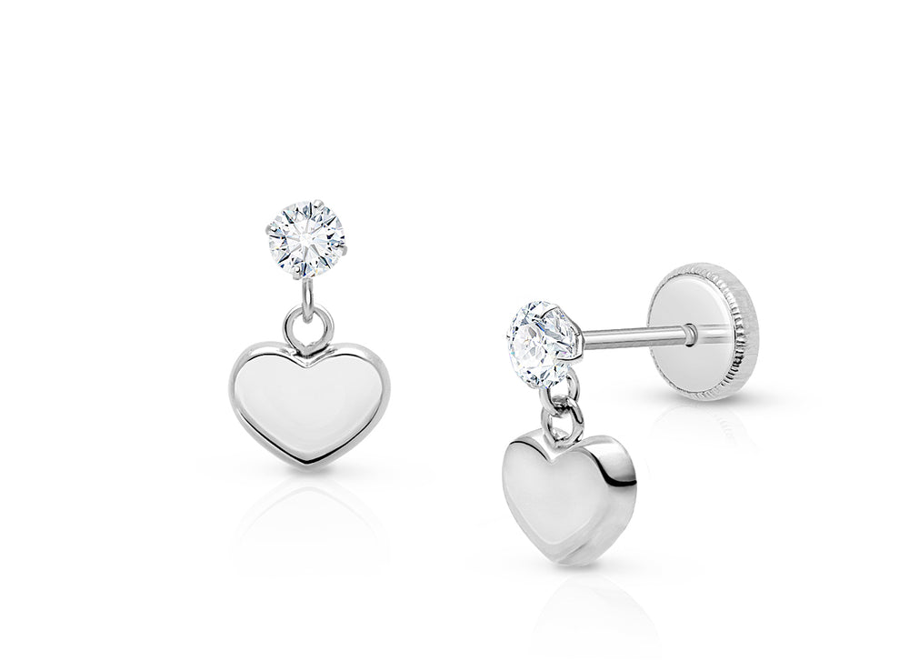 Modern Heart Dangle, Clear CZ Teen’s Earrings, Screw Back – 14K White Gold