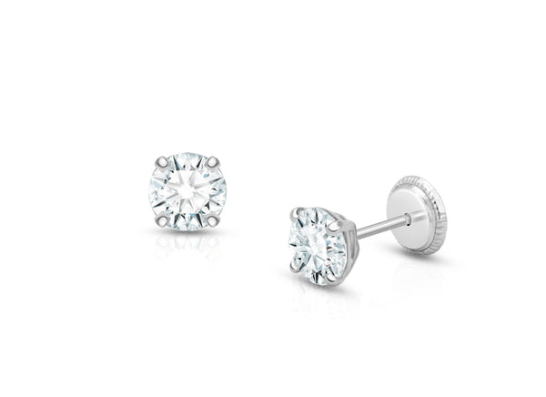 5mm CZ Round Studs, Christening/Baptism Baby/Children’s Earrings, Screw Back – 14K White Gold