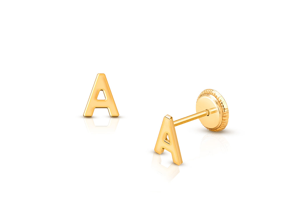 Initial Studs (All 26 Letter Options) Personalized Baby/Children’s Earrings, Screw Back – 14K Gold