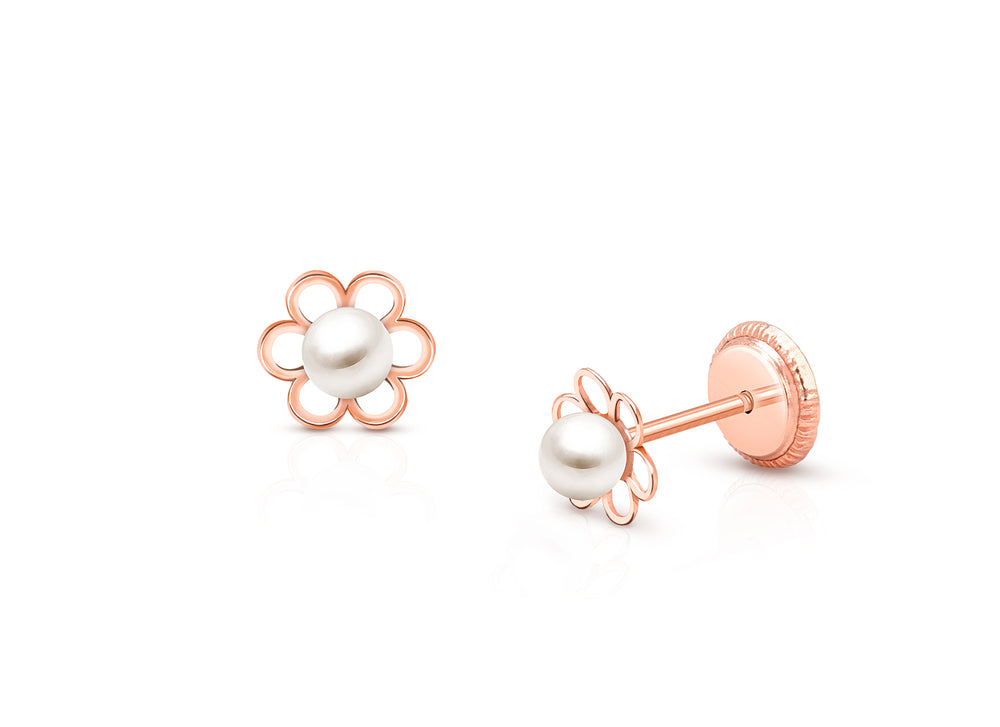 Petals and Pearls, Baby/Children’s Earrings, Screw Back – 14K Rose Gold