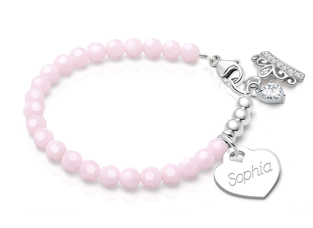 tB® Signature Crystal™ Sweet Pink, Teen’s Beaded Bracelet for Girls (INCLUDES Engraved Charm) – Sterling Silver