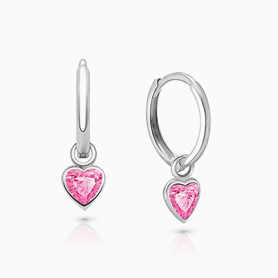 11mm Classic Huggie Hoops with Pink Heart Dangle, Baby/Children’s Earrings – Sterling Silver