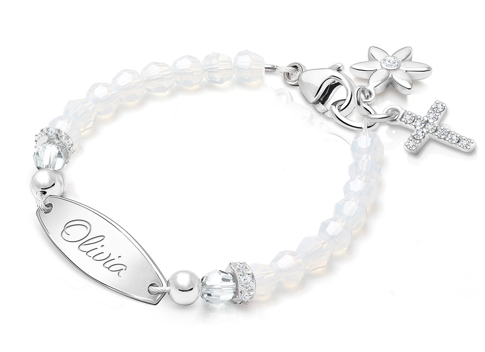 tB® Signature Crystal™ White Opal Christening/Baptism Baby/Children’s Engraved Bracelet for Girls – Sterling Silver