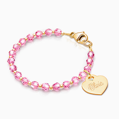 Birthstone Crystal, Teen’s Beaded Bracelet for Girls (Includes Engraved Charm, All 12 Birthstones Avail) – 14K Gold