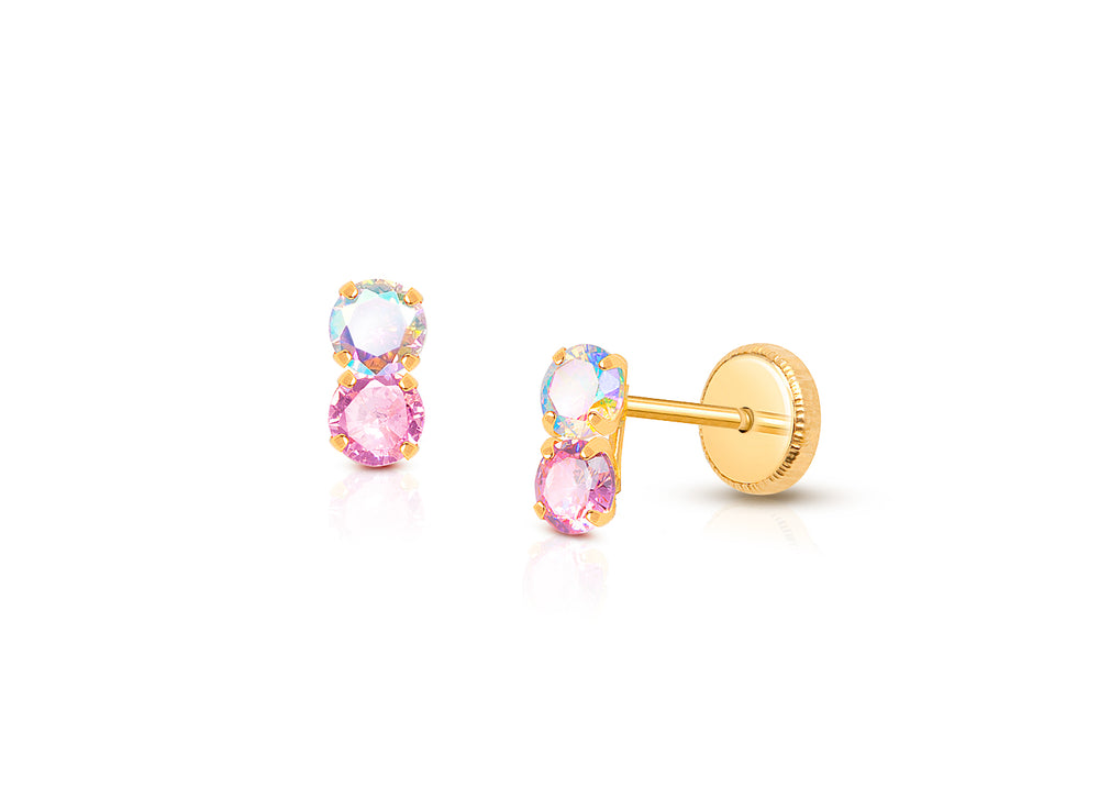 Gia™ Shimmer Drop, Pink/Opalescent CZ Teen’s Earrings, Screw Back – 14K Gold