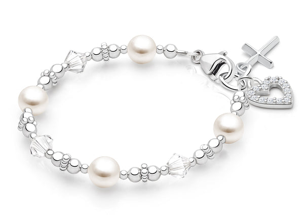Diamond Cross, Christening/Baptism Baby/Children’s Beaded Bracelet for Girls – Sterling Silver