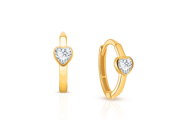 True Love, Clear CZ Heart Baby/Children’s Huggie Hoop Earrings – 14K Gold