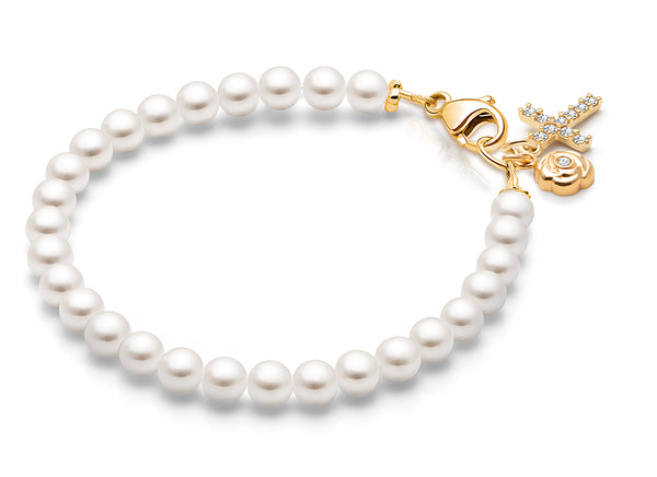 4mm Cultured Pearls, First Holy Communion Beaded Bracelet for Girls – 14K Gold