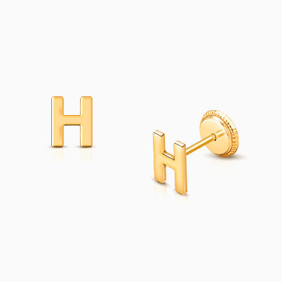 ‘H’ Initial Studs Personalized Baby/Children’s Earrings, Screw Back – 14K Gold