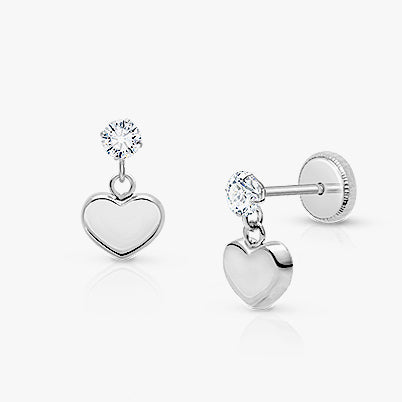Modern Heart Dangle, Clear CZ Baby/Children’s Earrings, Screw Back – 14K White Gold