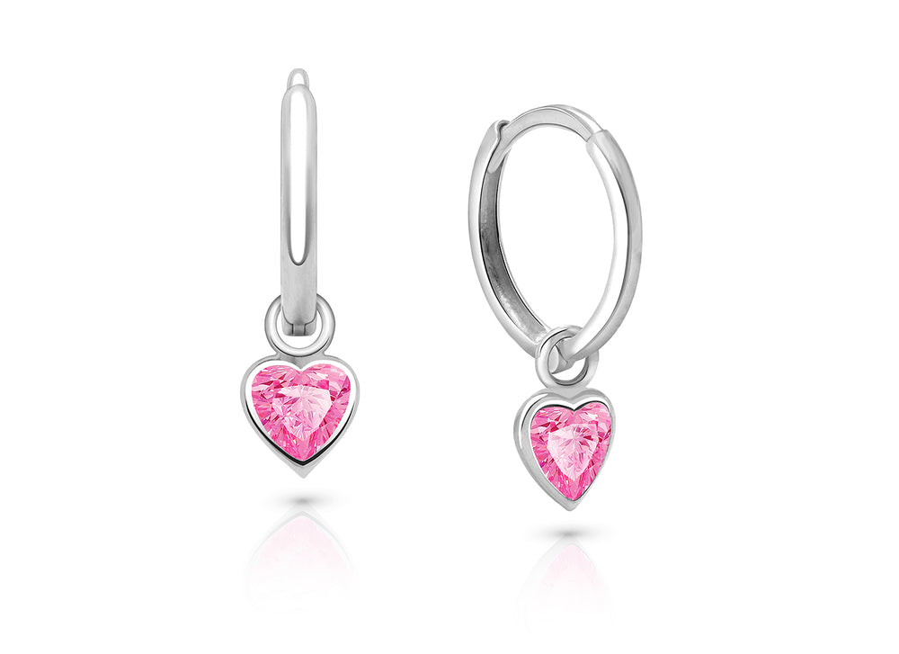 11mm Classic Huggie Hoops with Pink Heart Dangle, Teen’s Earrings – Sterling Silver