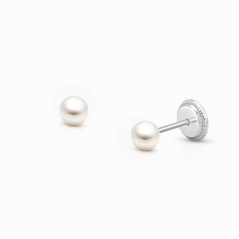 3mm Pearl Studs, Christening/Baptism Baby/Children’s Earrings, Screw Back – 14K White Gold