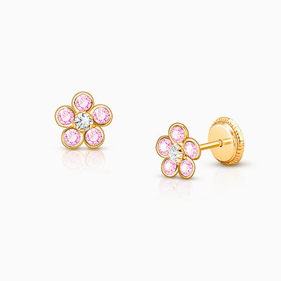 Flower Girl, Pink/Clear CZ Baby/Children’s Earrings, Screw Back – 14K Gold