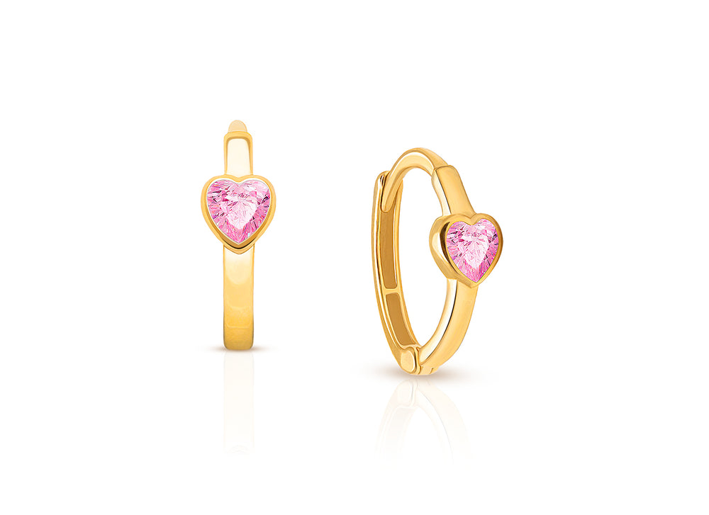 True Love, Pink CZ Heart Baby/Children’s Huggie Hoop Earrings – 14K Gold