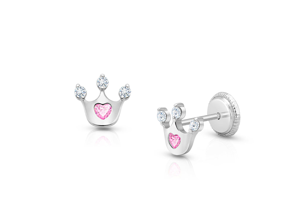 Princess at Heart, Pink/Clear CZ Christening/Baptism Baby/Children’s Earrings, Screw Back – 14K White Gold