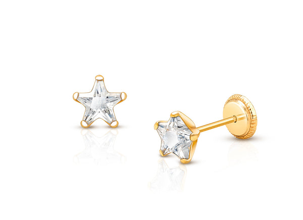 Shining Star, Clear CZ Star Cut Stud, Teen’s Earrings, Screw Back – 14K Gold