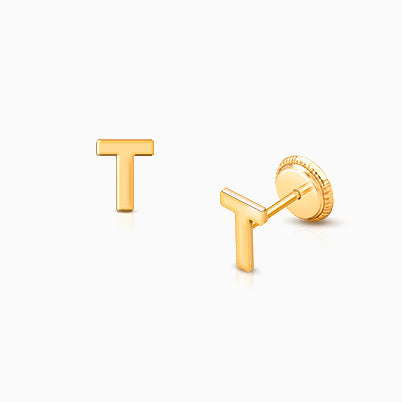 ‘T’ Initial Studs Personalized Baby/Children’s Earrings, Screw Back – 14K Gold