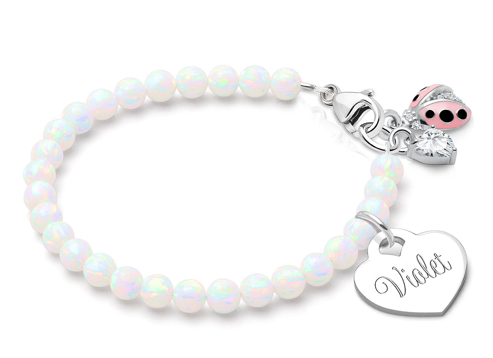 4mm Opals, Lab Created White Opal Teen’s Beaded Bracelet for Girls (INCLUDES Engraved Charm) – Sterling Silver