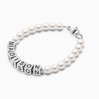 4mm Cultured Pearls, Baby/Children’s Name Bracelet for Girls – Sterling Silver
