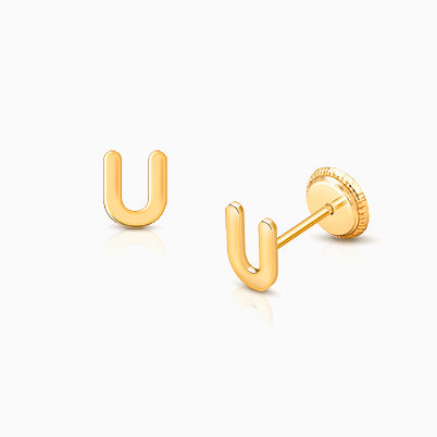 ‘U’ Initial Studs Personalized Baby/Children’s Earrings, Screw Back – 14K Gold
