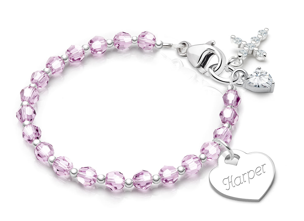 Birthstone Crystal, Teen’s Beaded Bracelet for Girls (INCLUDES Engraved Charm, All 12 Birthstones Avail) – Sterling Silver
