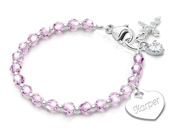 Birthstone Crystal, Teen’s Beaded Bracelet for Girls (INCLUDES Engraved Charm, All 12 Birthstones Avail) – Sterling Silver