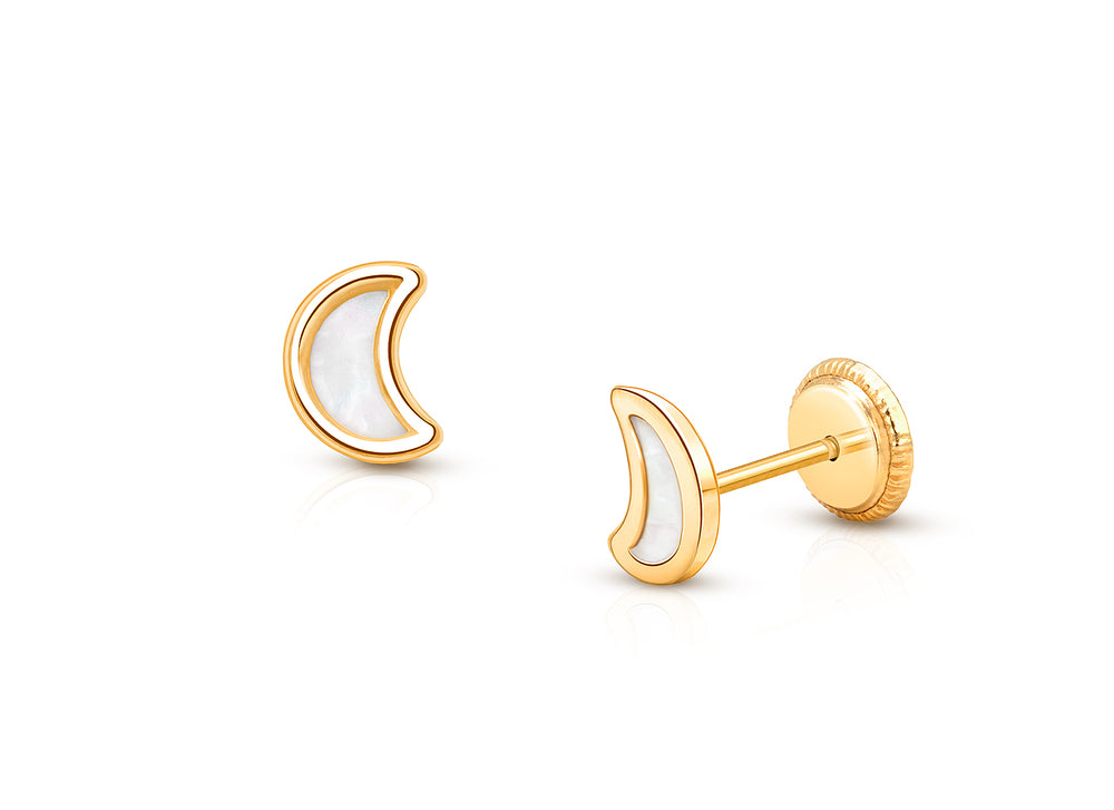 Gia™ Genuine Dream, Mother of Pearl Moon Baby/Children’s Earrings, Screw Back – 14K Gold