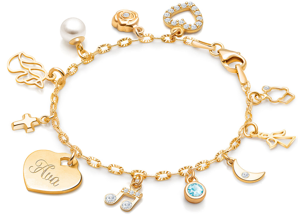 14K Gold Charm Bracelet, Design Your Own Christening/Baptism Baby/Children’s Link Chain Bracelet for Girls (INCLUDES Engraved Heart & Religious Charm)