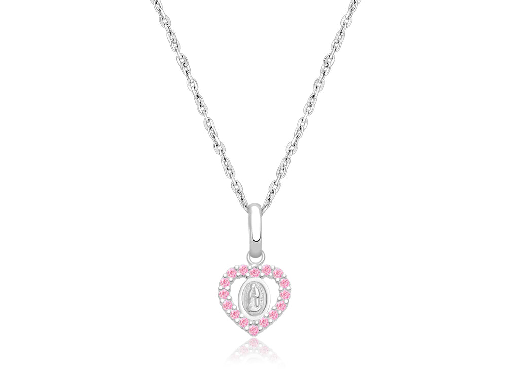 Virgin Mary, Pink CZ Heart Children’s Necklace for Girls – 14K White Gold