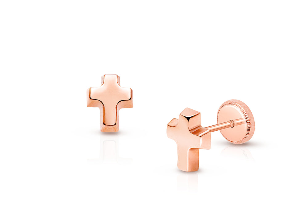 Simple Cross Earring, Baby/Children’s Earrings, Screw Back – 14K Rose Gold