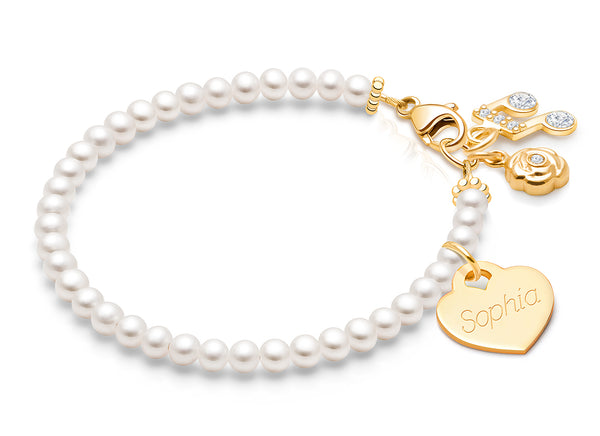 3mm Cultured Pearls, Baby/Children’s Beaded Bracelet for Girls (INCLUDES Engraved Charm) – 14K Gold