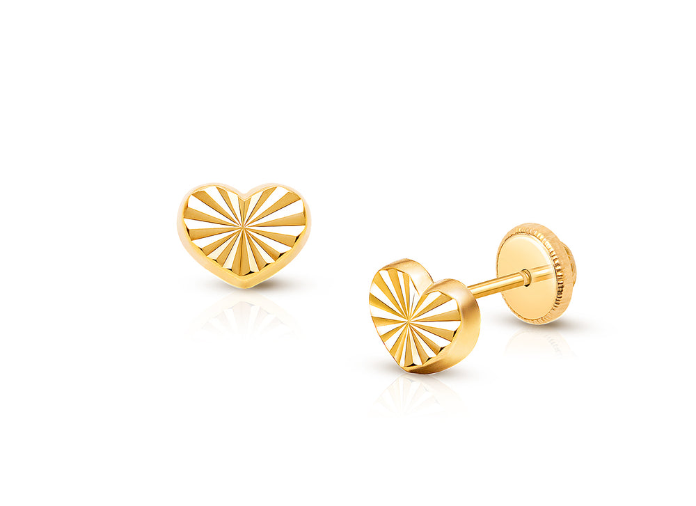 Diamond Cut Heart, Teen’s Earrings, Screw Back – 14K Gold