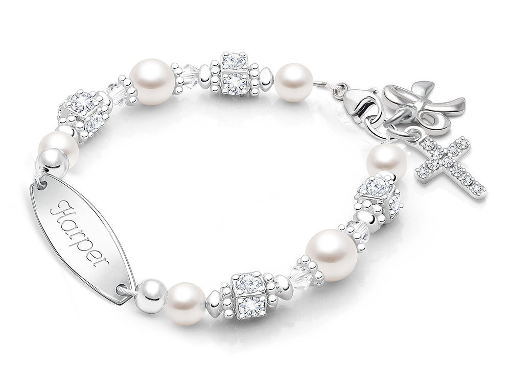 Crowned in Heaven, Christening/Baptism Baby/Children’s Engraved Bracelet for Girls – Sterling Silver