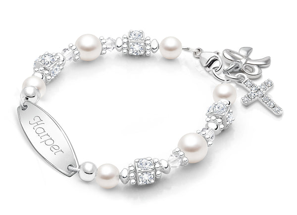 Crowned in Heaven, Christening/Baptism Baby/Children’s Engraved Bracelet for Girls – Sterling Silver