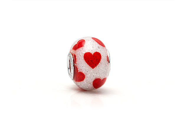 You’ll Be In My Heart, Sterling Silver with Red Hearts on White Murano Glass (Hand Made in Italy) – Children’s Adoré™ Charm