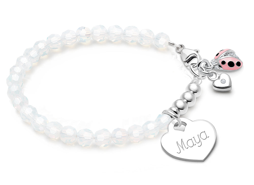 tB® Signature Crystal™ White Opal, Baby/Children’s Beaded Bracelet for Girls (INCLUDES Engraved Charm) – Sterling Silver