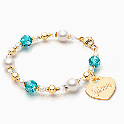 5mm Cultured Pearls, Teen’s Beaded Bracelet for Girls (INCLUDES Engraved Charm) – 14K Gold
