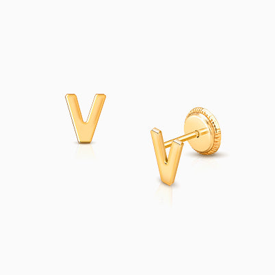 ‘V’ Initial Studs Personalized Baby/Children’s Earrings, Screw Back – 14K Gold