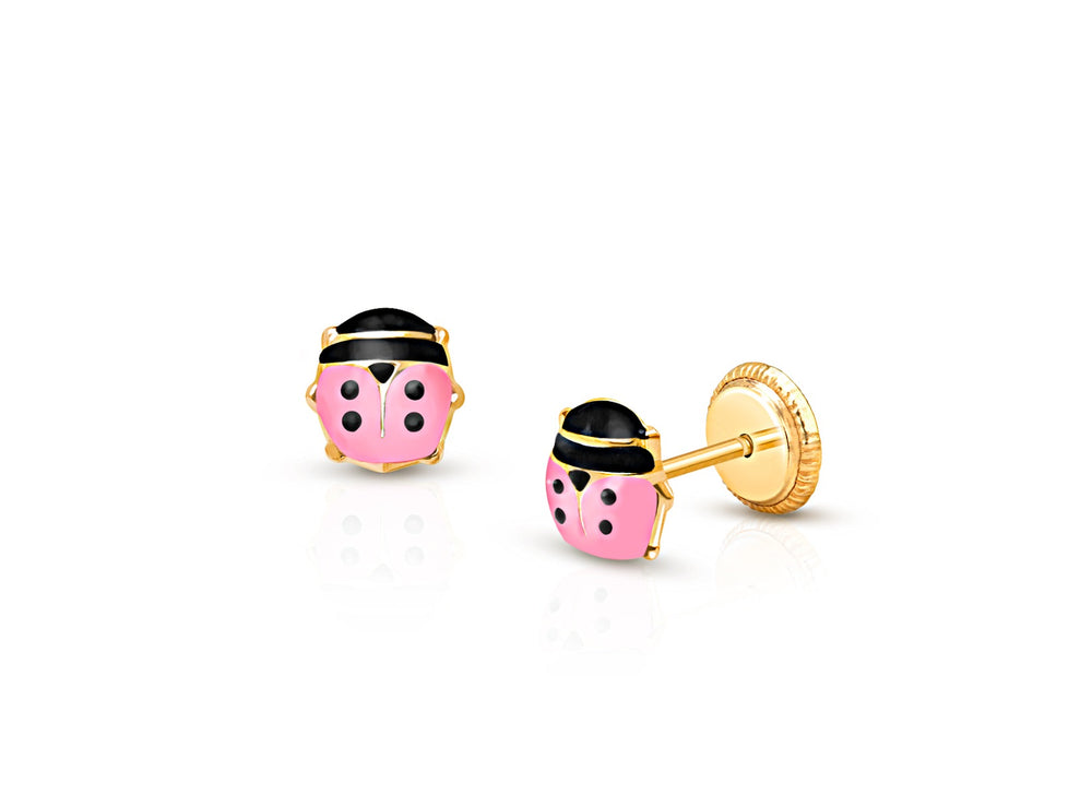 Lil’ Ladybug, Pink Enamel, Baby/Children’s Earrings, Screw Back – 14K Gold