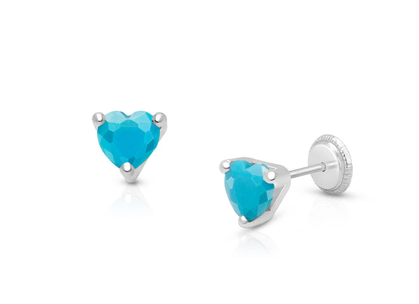 Simple Heart Studs, 5mm Turquoise CZ Baby/Children’s Earrings, Screw Back – 14K White Gold